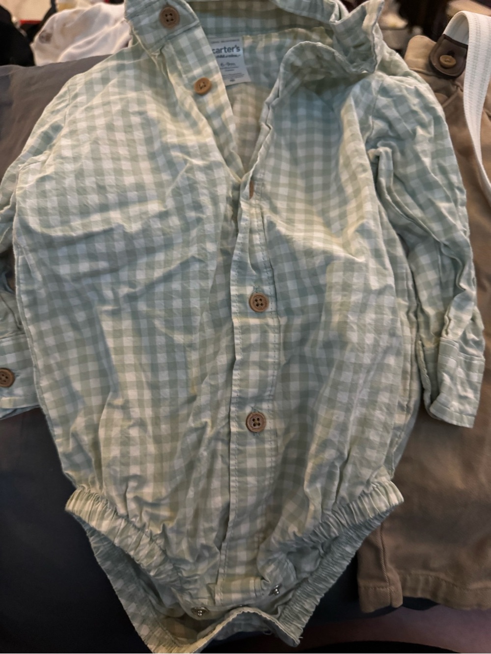 Carter's Light Green Gingham Button-Up Baby Romper